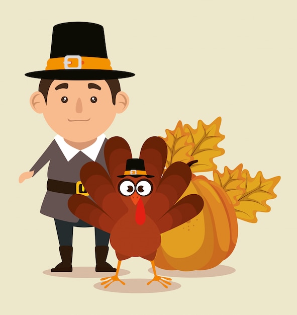 Free vector thanks giving with turkey and pilgrim