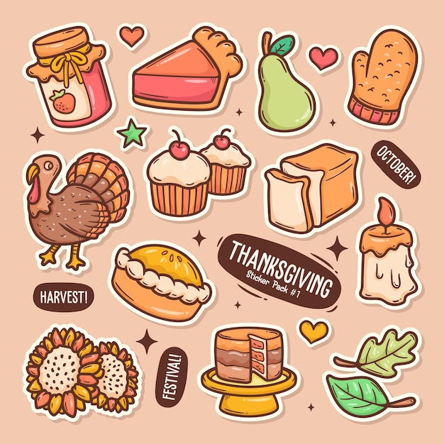 Free vector thanksgiving cute doodle vector sticker collection