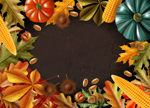さまざまな製品や葉のベクトル図から作られたフレームと感謝祭の日の背景