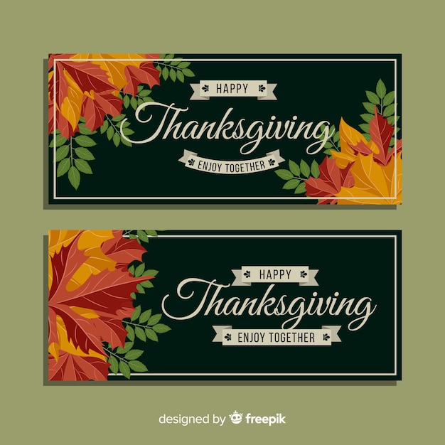 Free vector thanksgiving day banner set  with autumn leaves