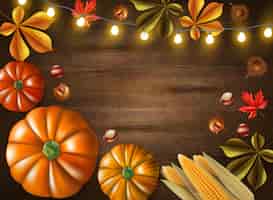 Бесплатное векторное изображение День благодарения цветной кадр с различными размерами тыквы и огни на деревянном фоне векторная иллюстрация