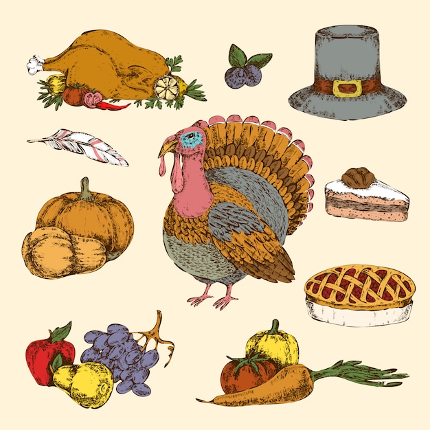 Thanksgiving day hand drawn colored set