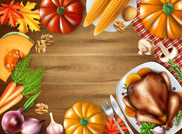 Thanksgiving day still life composition background with festive dishes on table turkey corn pumpkin vector illustration