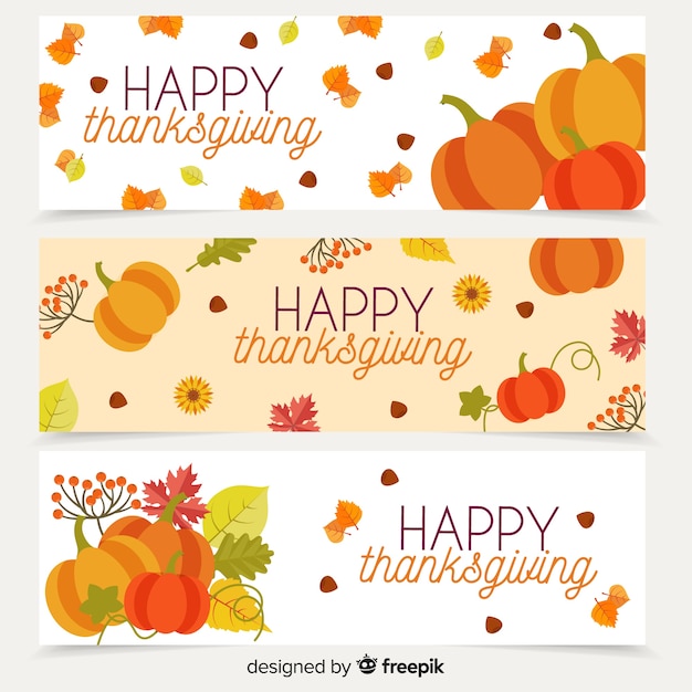 Thanksgiving day turkey banner set with pumpkins