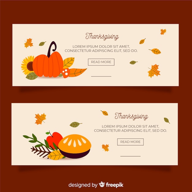 Thanksgiving day turkey banner set with pumpkins