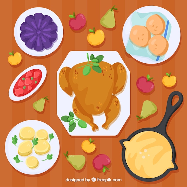 Free vector thanksgiving dinner with delicious turkey and other dishes