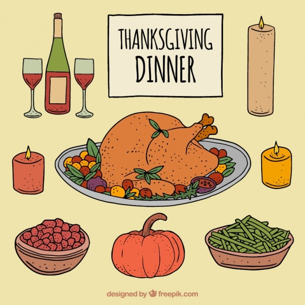 Free vector thanksgiving dinner with traditional dishes