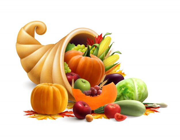 感謝祭またはゴールデンホーンのたっぷりのコンセプトと野菜と果物の生産がいっぱいの宝庫