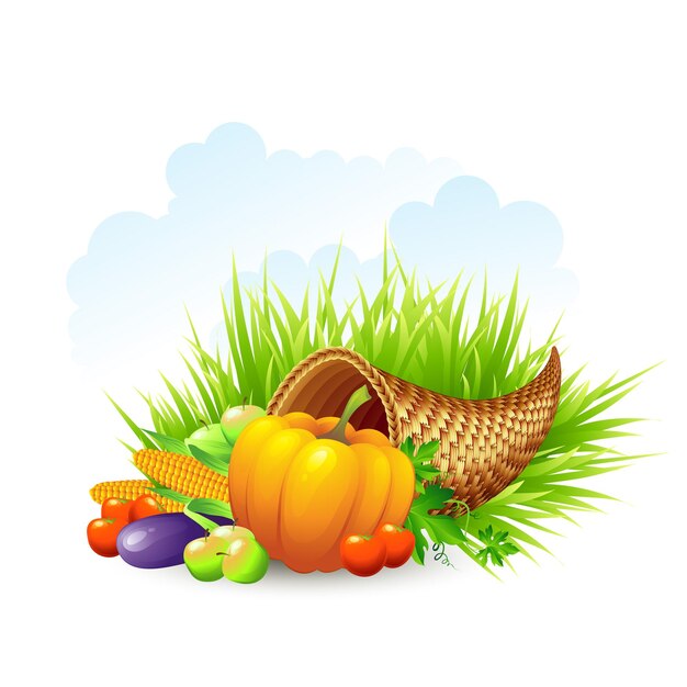 Thanksgiving illustration with wicker basket and vegetables.