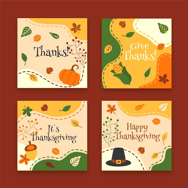 Free vector thanksgiving instagram posts in flat design