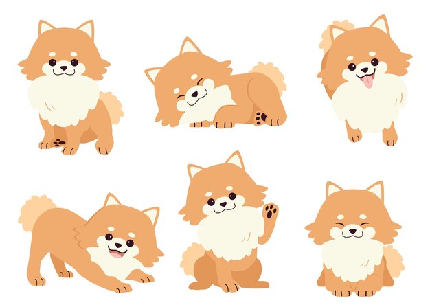 犬セット 子犬 漫画のペット 幸せなパグ チワワ ヨーキーテリア ポメラニアンとかわいいアイコン 小さな品種のコレクション 面白い動物のイラスト かわいい犬コレクション プレミアムベクター