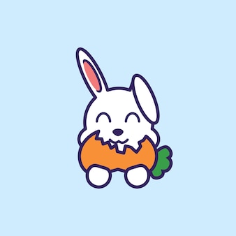 귀여운 토끼 캐릭터 마스코트가 당근을 먹고 있다