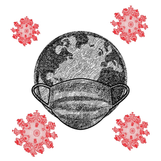 Бесплатное векторное изображение Земля носит маску для предотвращения распространения вируса планета земля с маской для лица защищает от векторной иллюстрации вируса короны, нарисованной вручную