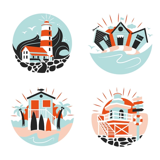 Бесплатное векторное изображение Иконки плоского дизайна с маяками, пляжными хижинами, домами спасателей и пальмами