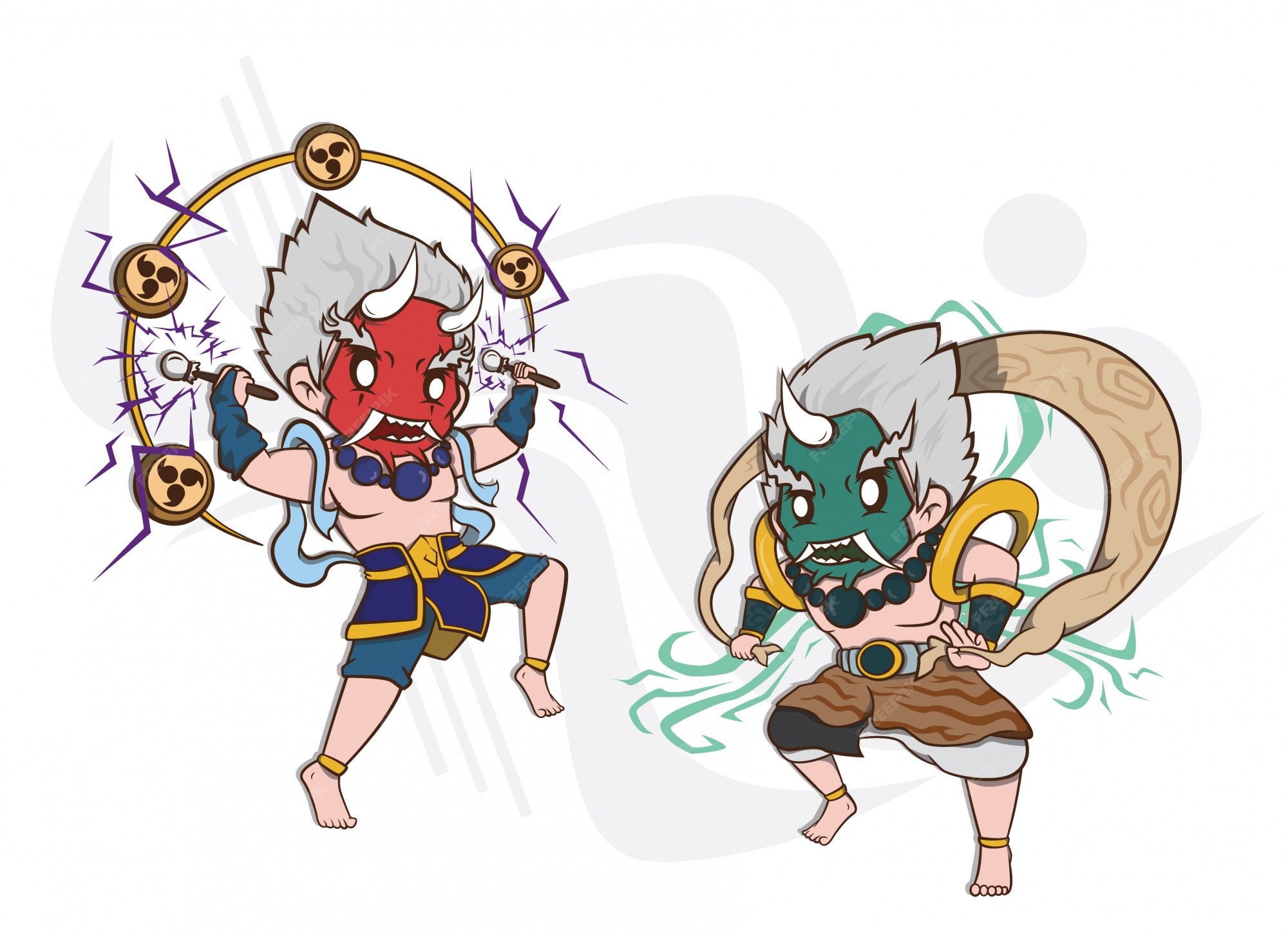 日本の雷神と風神のキャラクターイラスト プレミアムベクター