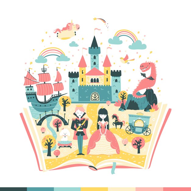 ドラゴンのイラストが付いている本のおとぎ話の城 無料のベクター