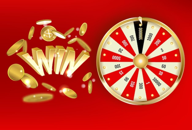 Объект лотереи колесо фортуны играя в спин джекпот с тенью выиграй текст с золотыми монетами