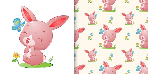 イラストの色蝶に微笑んでかわいいウサギのシームレスな手描き プレミアムベクター
