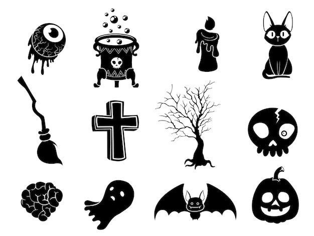 ハロウィンシルエットアイコンとキャラクターのシャドウコレクション ハロウィンフェスティバルのウェブサイト 白い背景で隔離のベクトルクリップアートイラスト プレミアムベクター