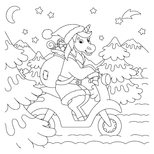 ユニコーンは原付に乗って贈り物を運ぶ子供のための塗り絵ページ漫画風のキャラクター白い背景で隔離のベクトル図 Premiumベクター
