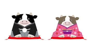 the year of the ox mascots with an ox couple dressed up in kimono. vector illustration.