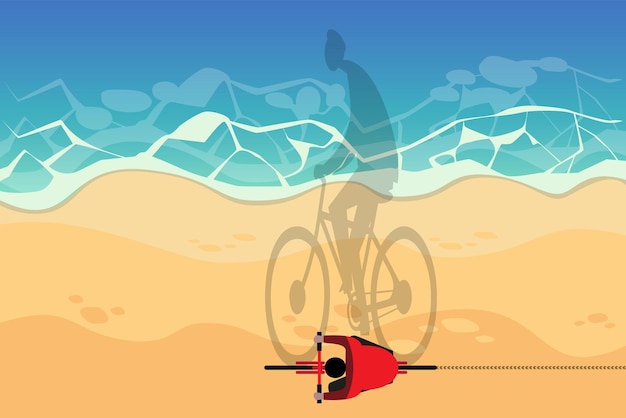 無料ベクター 若い男は彼が彼と一緒に自転車を持って海に行くために休暇中だった彼はビーチに沿って自転車に乗るカートトンベクトルフラットイラスト