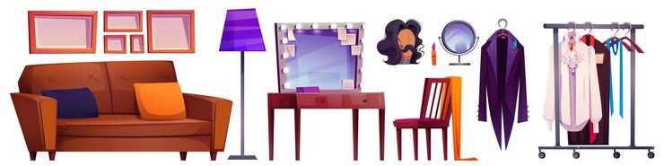 Free Vector theater backstage design elements isolated on white background vector cartoon illustration of dressing room furniture makeup mirror show costumes on rack male wig and moustache on mannequin head