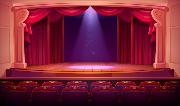 赤いカーテンのスポットライトで劇場の空のステージ