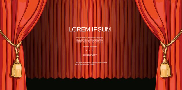 Theater and entertainment shows premiere template with opened and closed red beautiful curtains in cartoon style illustration