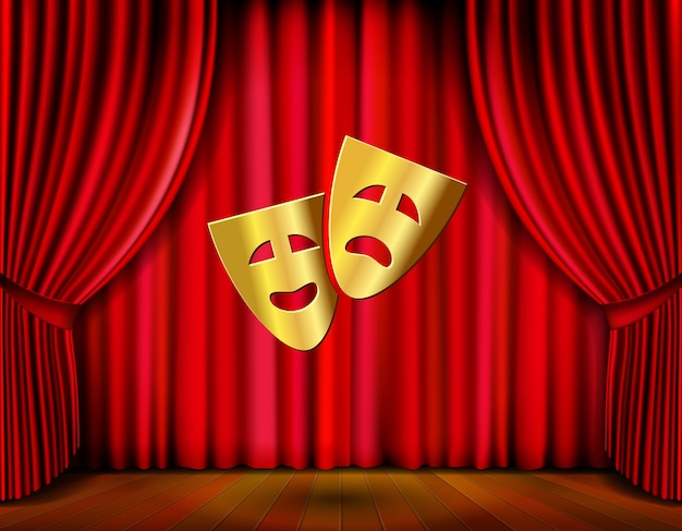 Theater stage with golden masks and red curtain vector illustration