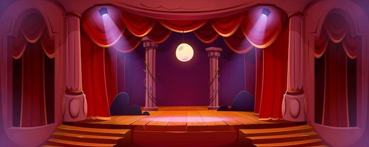 Free Vector theater stage with red curtains lights and moon