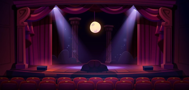 Free vector theater stage with red curtains spotlights moon