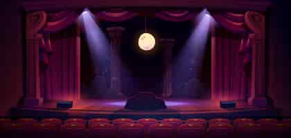 Free vector theater stage with red curtains spotlights moon