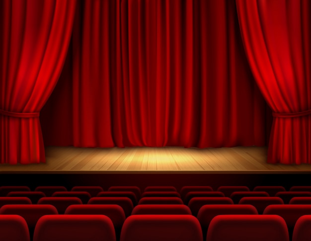 赤いベルベットが開いている劇場の舞台