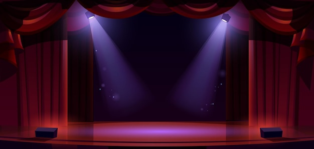 Theater stage with spotlights red curtains floor