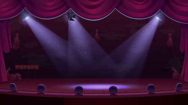 Театральная сцена с красными занавесками прожекторов