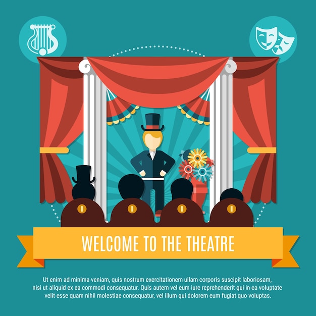 Free vector theatre colored concept with welcome to the theater headline on yellow big ribbon vector illustration