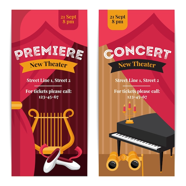 Free vector theatre poster vertical banners set with concert symbols