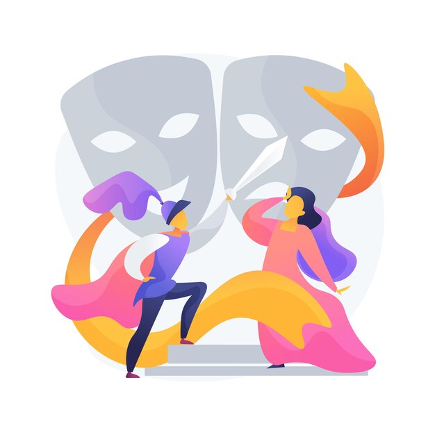 theatre premiere night. actor and actress on stage. classic play, drama piece, tragedy scene. broadway showtime. acting masks as decoration.  