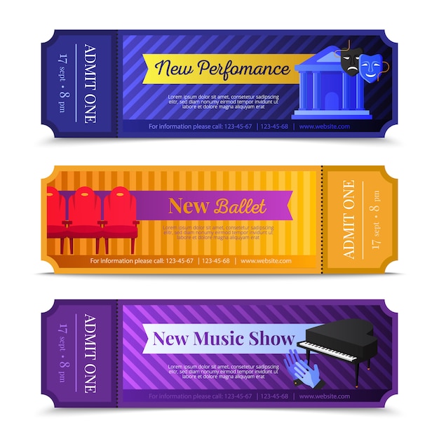 Free vector theatre ticket horizontal banners set with ballet and music show symbols