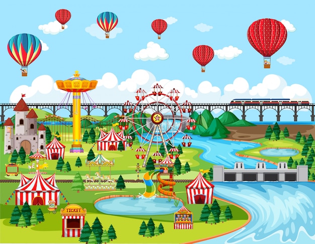 Фестиваль тематических парков развлечений с пейзажной сценой на воздушном шаре