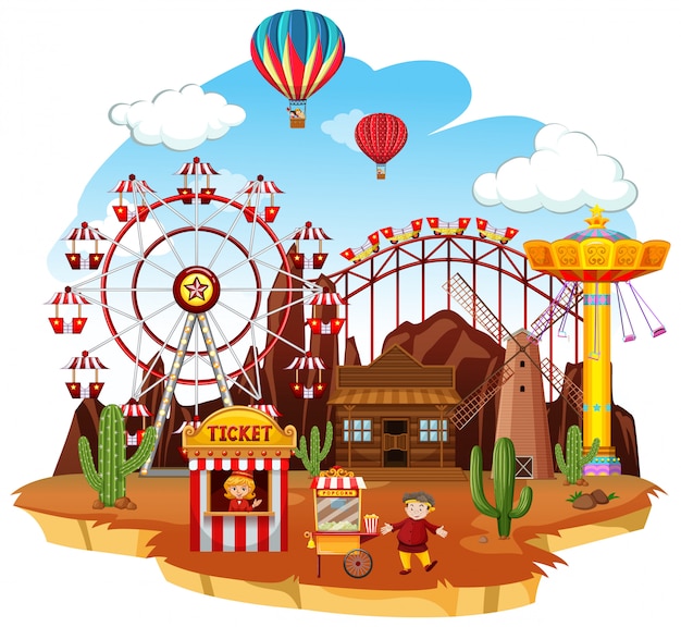 Сцена в тематическом парке со многими аттракционами и воздушными шарами