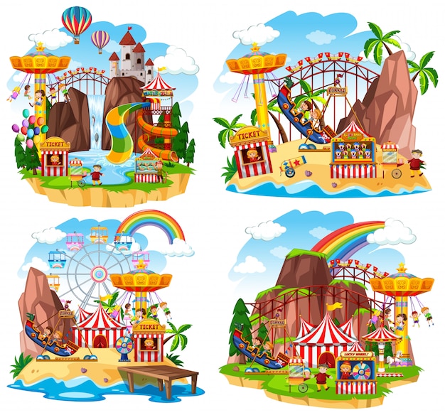 Бесплатное векторное изображение Сцена в тематическом парке с множеством аттракционов и счастливых детей