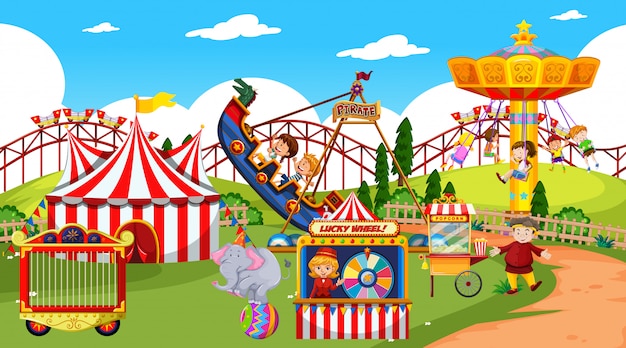 Themepark scene with many rides and happy children