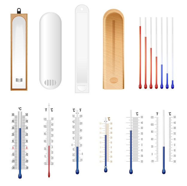 Vettore gratuito elementi del termometro mock up per misurazioni meteorologiche con scala celsius e fahrenheit insieme realistico illustrazione vettoriale isolata