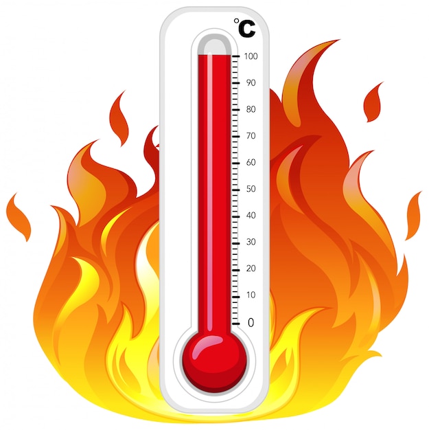 Термометр в огне на белом фоне