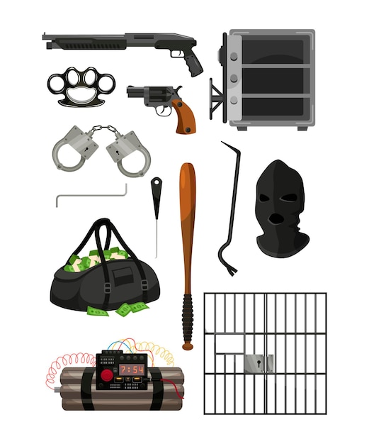 Free vector thief or burglar tools set criminal bundle of bank safe weapons handcuffs brass knuckles bag of money mask of thief explosives prison bars isolated on white background