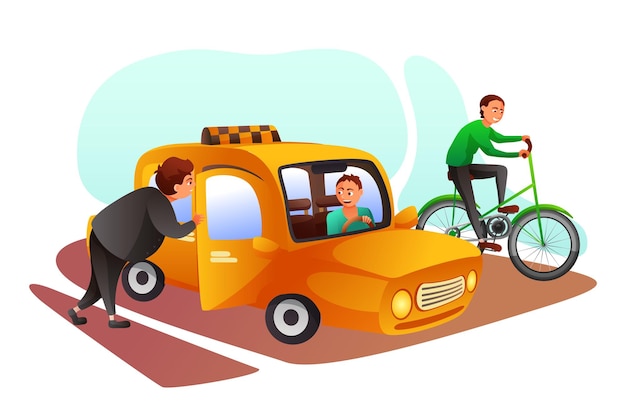 Vettore gratuito uomini magri e grassi e preferenza per le modalità di trasporto l'uomo che soffre di obesità prende un taxi ragazzo sano e forte che guida una bicicletta ecologica