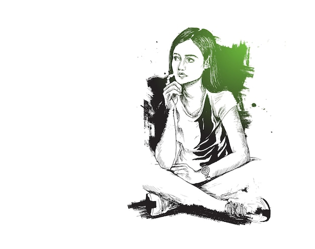 Thinking serious young woman tshirt design hand drawn sketch vector illustration