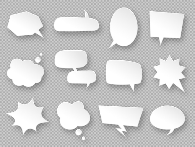 Thought balloons. paper speech bubbles, white communication messages clouds, dream tag, discussion labels, blank dialog chats vector set in different shapes oval, rectangular, cloud